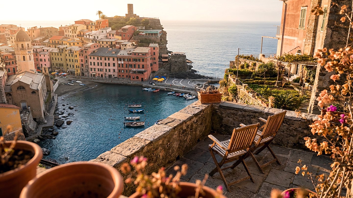 Pastel houses stacked into a cliff above a calm sea, lit by low afternoon sun