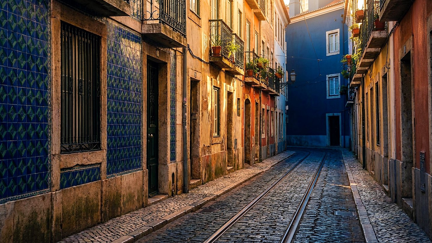 Sunlit tiled apartment fronts on a steep Lisbon street with the river showing pale between the buildings