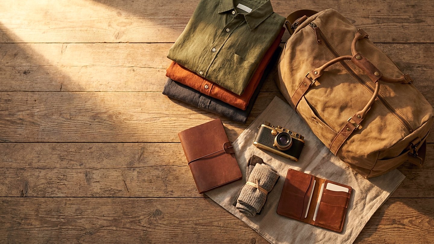 A small soft-sided carry-on bag open on a rumpled white bed in warm morning light, folded neutral clothing and a linen scarf beside it