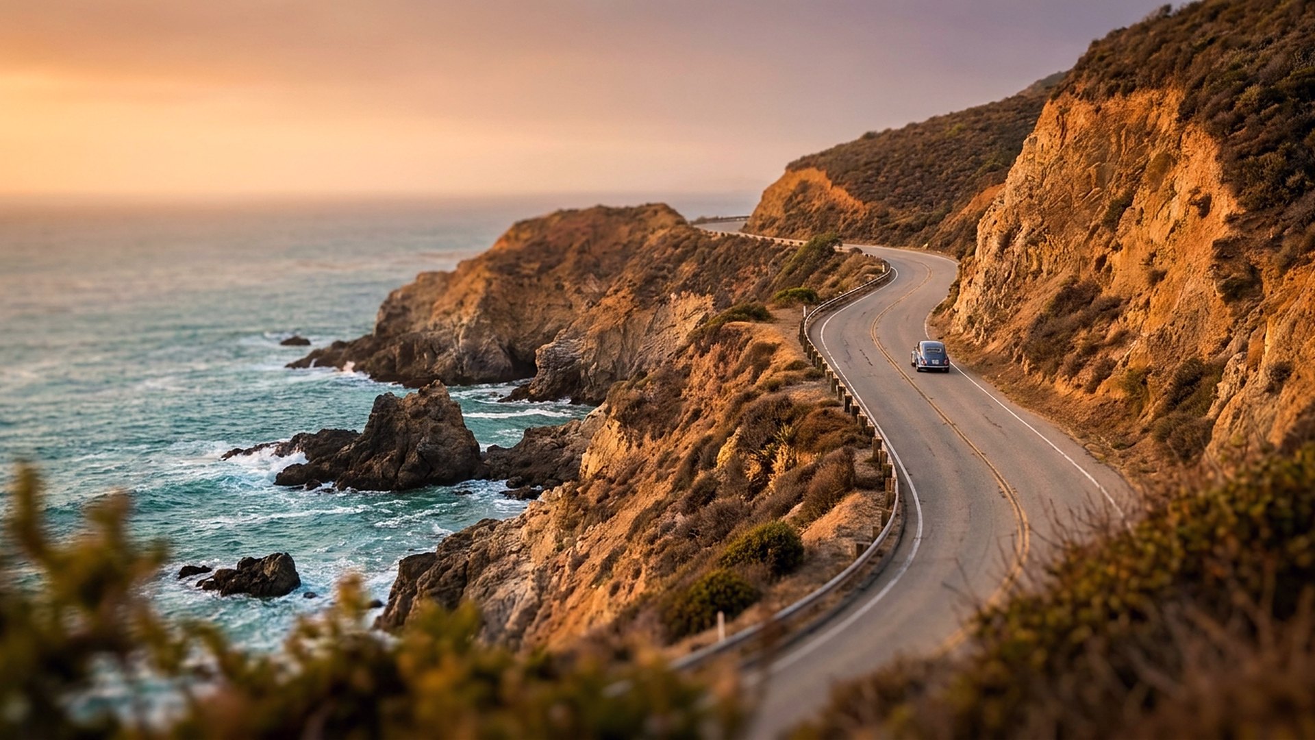 A coastal road at golden hour seen from above