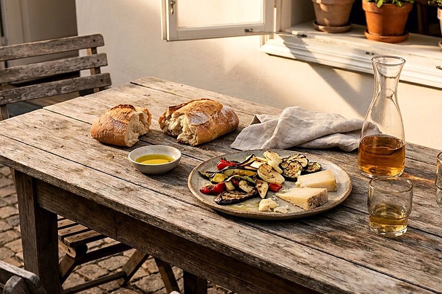 A plate of fresh food on a rustic table