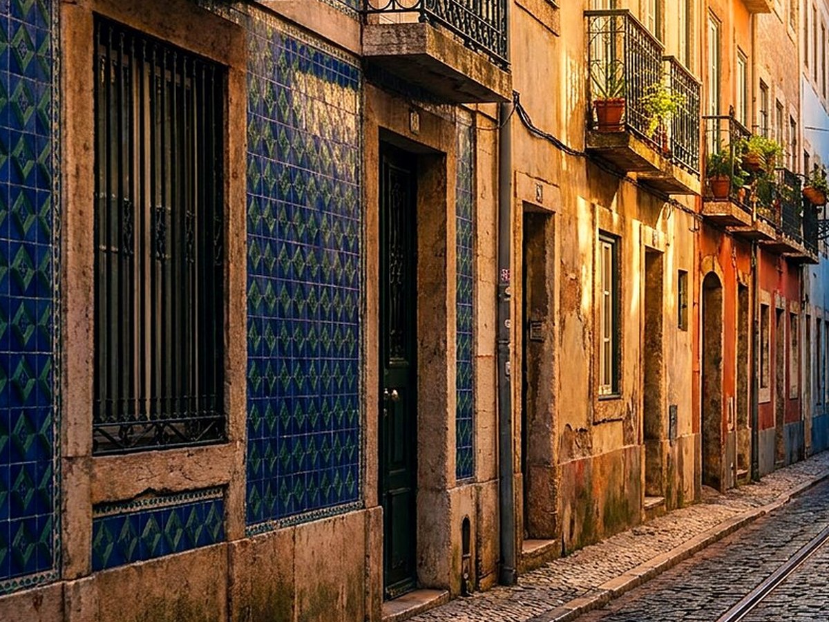 Blue and white patterned tile on a narrow building front with several tiles missing and patched in a paler shade